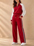 Women Lounge Wear Half Zip Red Stripe Tracksuit Set