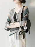 Women's Irregular Patchwork Color Print V-Neck Flared Sleeve Shirt
