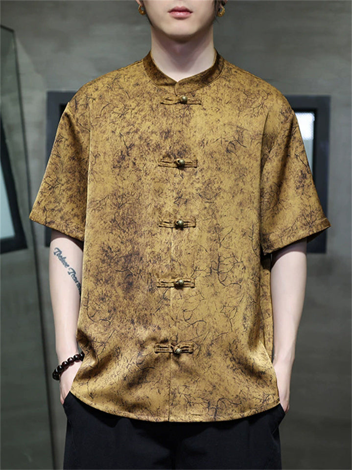 Men's Chinese Style Printed Satin Loose Fit Casual Tang Suit Summer Shirts