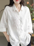 Retro Loose Embroidery Pleated Lapel Shirt for Women