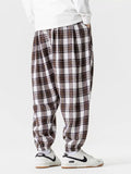 Japanese Style Autumn Plaid Drawstring Loose Jogger Pants for Men