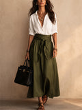 Women 2 Piece Contrast Color Button Down Shirt and High Waist Skirt Set