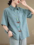 Cute Leaf Patch Button Up Lapel Retro Plaid Shirt for Women