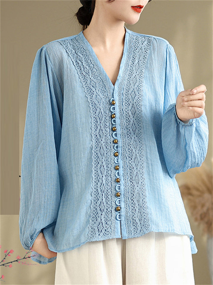 Women's Summer Elegant Loose Lace Patchwork Solid Color Long Sleeve Shirts