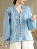 Women's Summer Elegant Loose Lace Patchwork Solid Color Long Sleeve Shirts