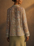 Women Floral Sequin Beads Trim Sheer Mesh Tie Front Cardigan Jacket