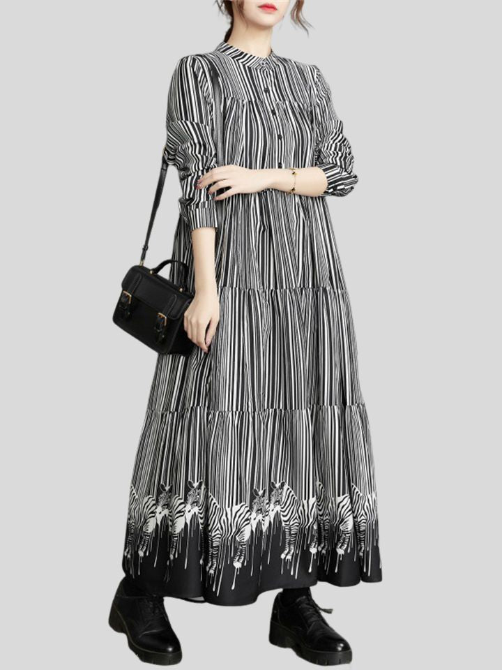 Women's French Style Stripe Zebra Print Long Dress