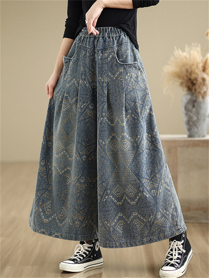 Women's Casual Print Wide Leg Cropped Jeans