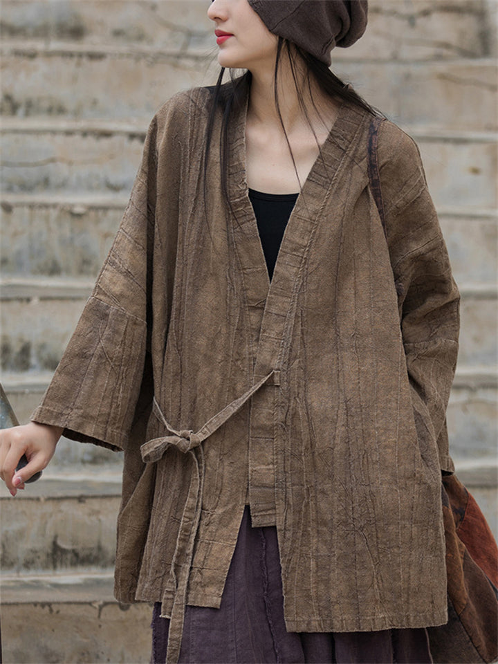 Women's Loose Ramine V Neck Tie-dye Lace Up Cardigan Jacket