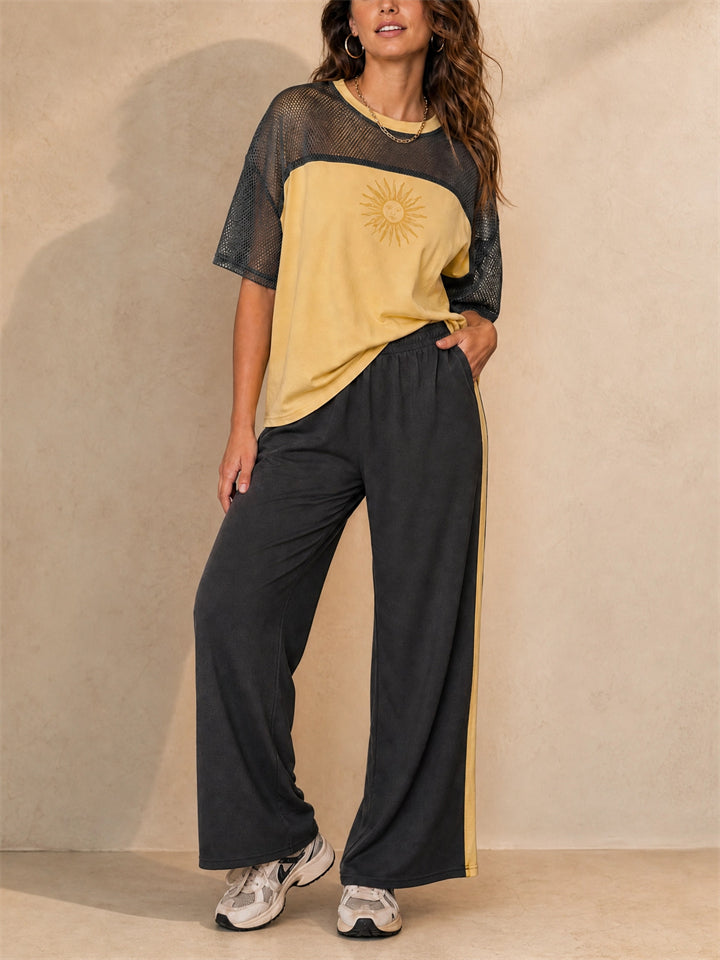 Women Color Block Mesh Patchwork T Shirt and Wide Leg Pants Set