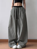 Retro Women's Black and Whiite Plaid Drawstring Wide Leg Straight Pants