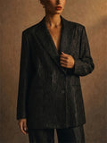 Women Black Crinkle Textured Double Breasted Blazer Jacket