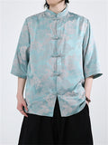 Loose Oriental Style Loongfeng Jacquard Half Sleeve Shirt for Men