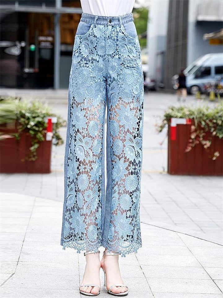Women's Hollow Lace Patchwork High Waist Straight-Leg Jeans