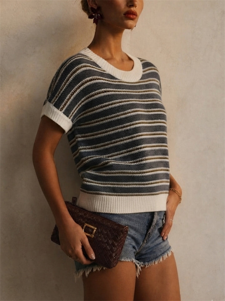Womens Striped Short Sleeve Knit Top Casual Crewneck Tee