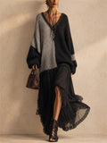 Women Color Block Knit V Neck Long Sleeve Midi Sweater Dress