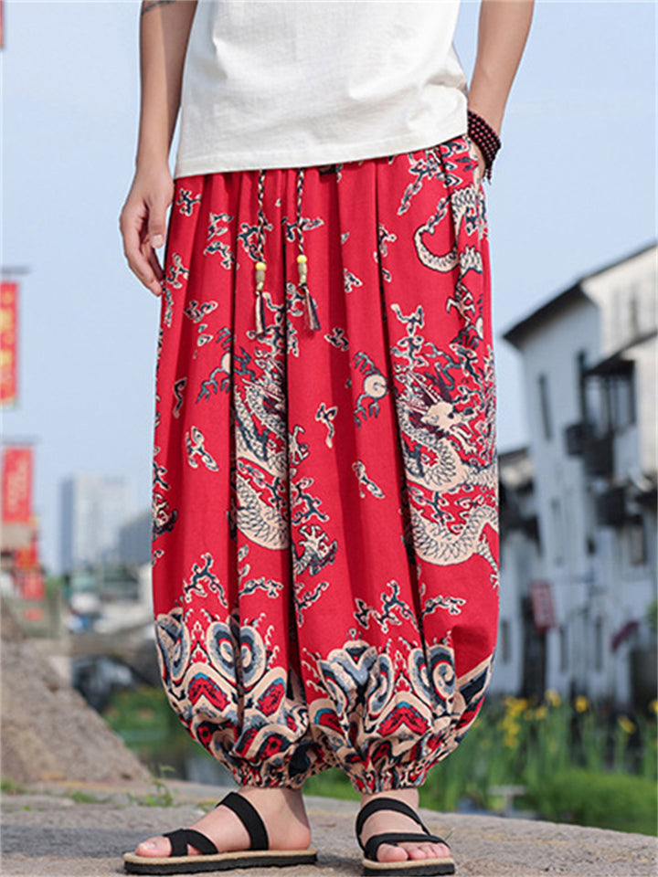 Men's Summer Chinese Style Loong Print Loose Fit Cropped Lantern Pants