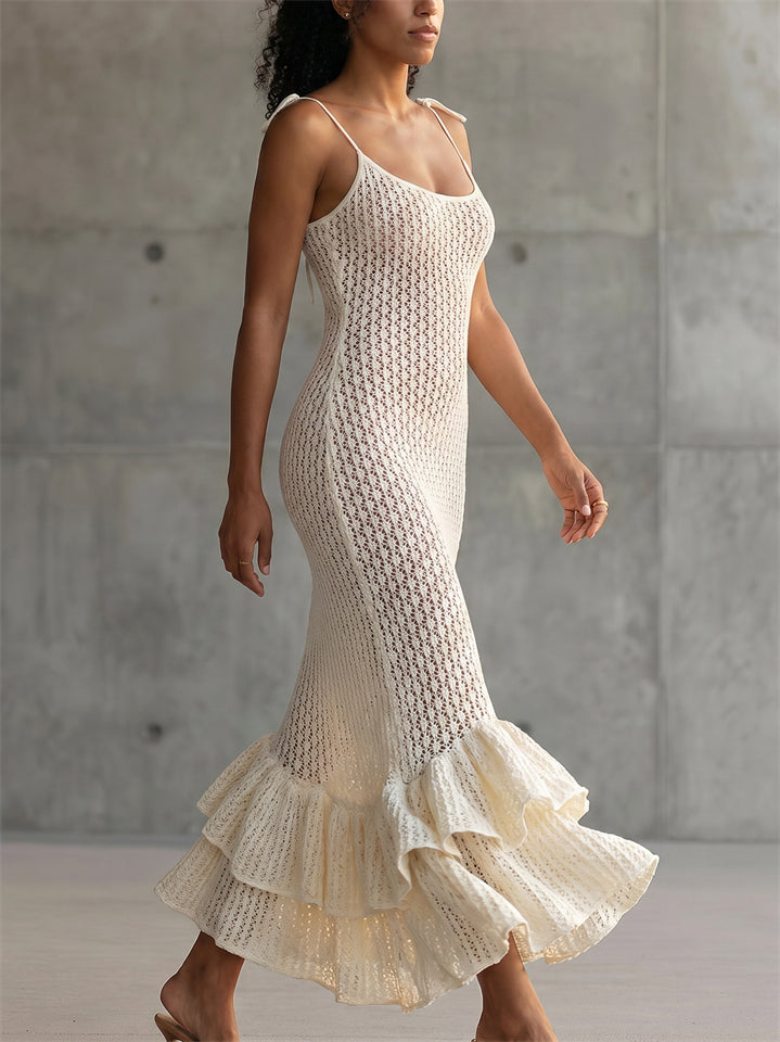Women's White Crochet Knit Ruffle Backless Beach Mermaid Maxi Dress