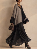 Women Color Block Knit V Neck Long Sleeve Midi Sweater Dress