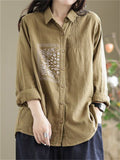 Retro Loose Embroidery Pleated Lapel Shirt for Women