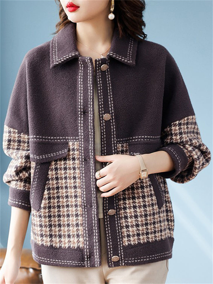 Women's Woolen Blend Houndstooth Patchwork Jacket