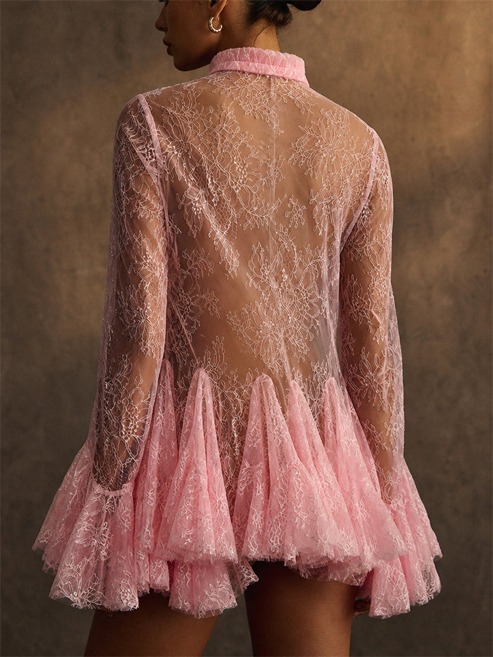 Womens Sexy Sheer Lace Ruffle Flared Sleeve Mini Dress