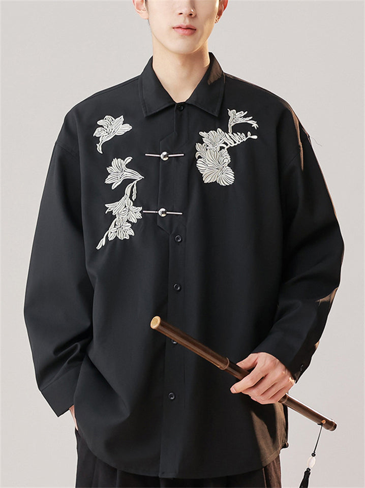 Oriental Style Men's Flower Embroidered Long Sleeve Lapel Shirts