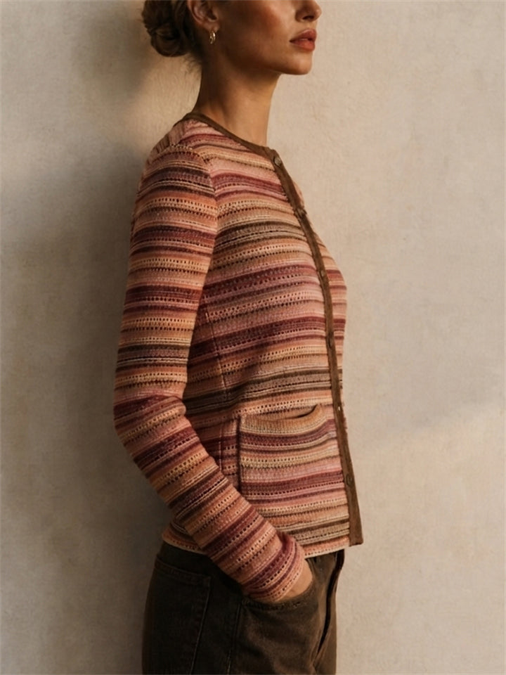 Women Slim Button Down Pockets Striped Flare Sleeve Cardigan