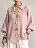 Women Oversized Knit Cardigan Gold Button Collared Sweater