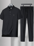 Men's 2Pcs Summer Cool Lapel Short Sleeve Seamless Solid Color Outfits