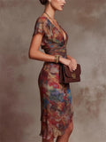 Womens Boho Floral Ruched High Slit V Neck Midi Dress