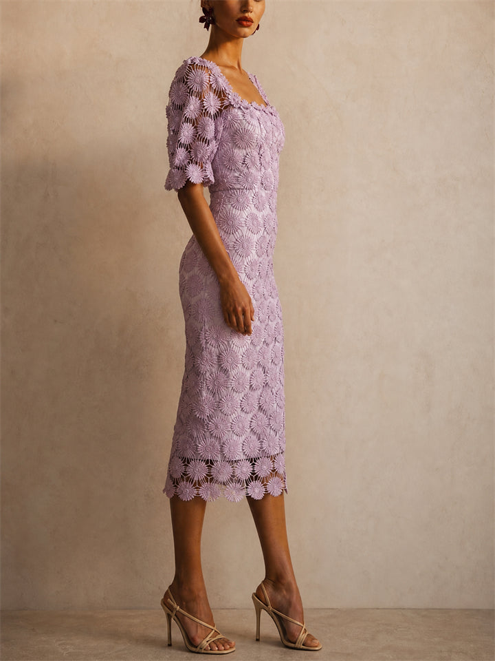Women Elegant Crochet Square Neck Puff Sleeve Midi Dress