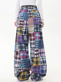 Women's Retro Lazy Style Patchwork Plaid Wide Leg Pants