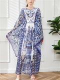 Women's Elegant Round Neck Print Flare Sleeve Maxi Dress