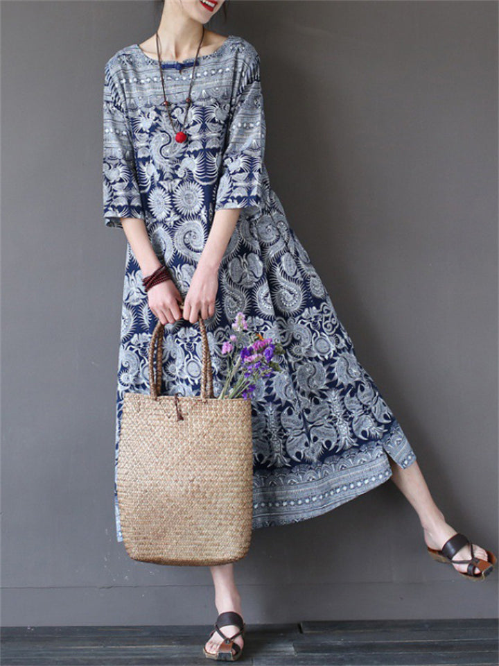 Lady Ethnic Style Printed Round Neck 3/4 Sleeve Dress
