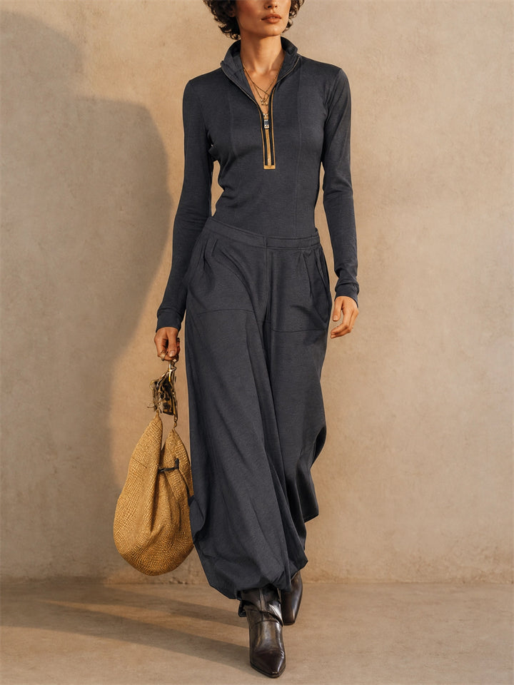 Womens Stylish Half Zip Long Sleeve Top and Wide Leg Set