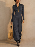 Womens Stylish Half Zip Long Sleeve Top and Wide Leg Set