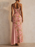 Women Pink Floral Backless Asymmetric Slim Summer Maxi Dress