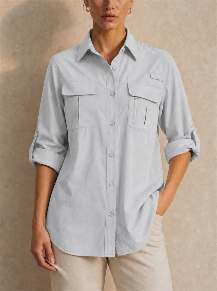 Women Button Down Shirt Quick Dry Roll Sleeve Outdoor Top