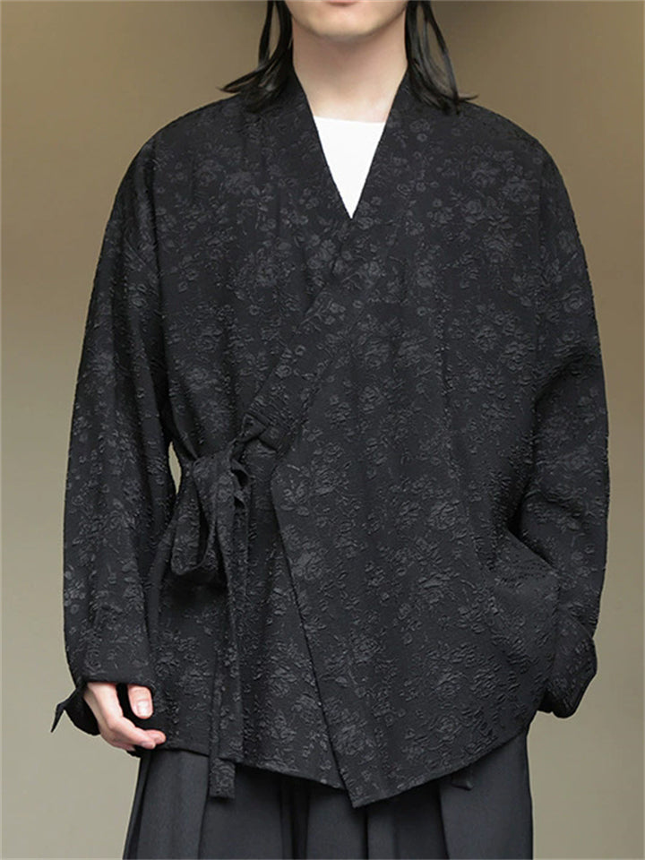 Chinese Zen Style Jacquard Slant Placket Tie Waist Hanfu Cardigan Shirts
