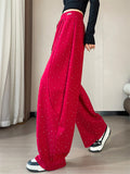 Women's Casual Rhinestone High Waist Baggy Wide Leg Sweatpants