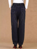 Women's Vintage Flower Embroidered Pockets Elastic Waist Jeans