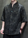 Men Chinese Style Short Sleeve V Neck Bamboo Print Shirt with Button Detail