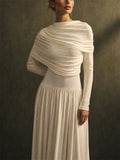 Womens Elegant Scarf Neck Long Sleeve Pleated Draped Maxi Dress