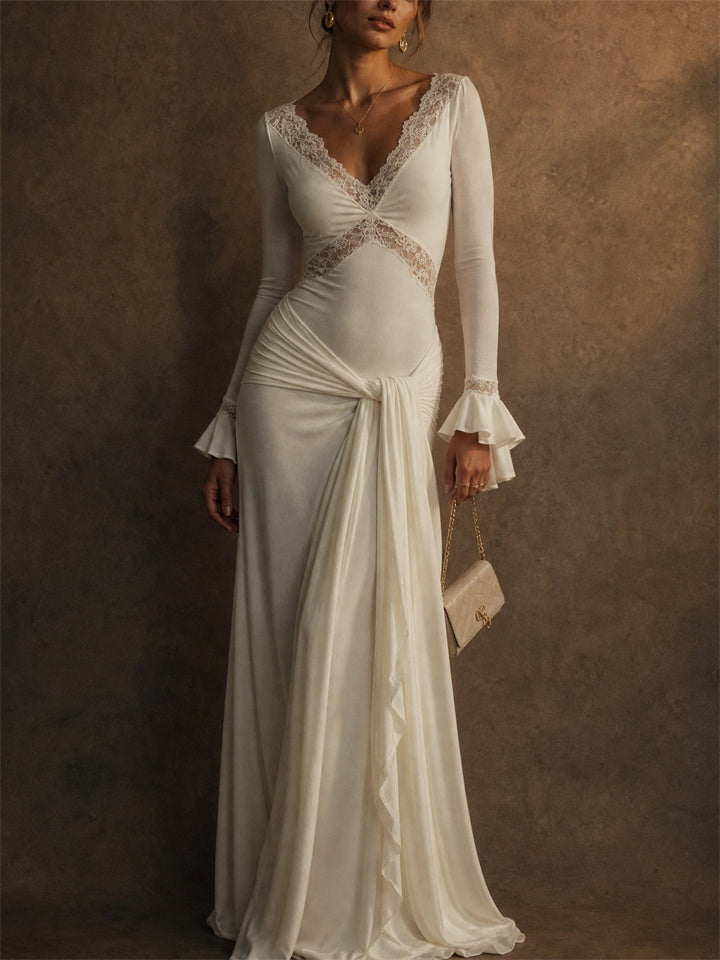 Womens White Lace Bell Sleeve V Neck Draped Maxi Party Dress