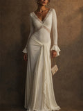 Womens White Lace Bell Sleeve V Neck Draped Maxi Party Dress
