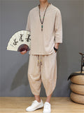 Men's 2Pcs Retro Chinese Style Casual Solid Color 3/4 Sleeve V Neck Outfits