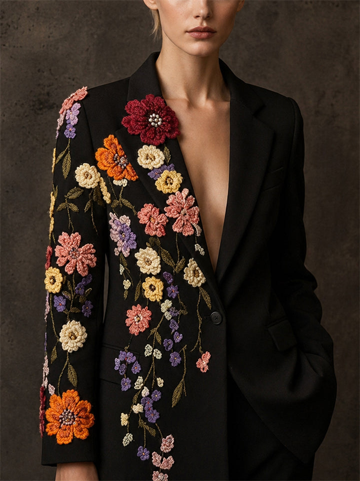 Women's Stylish 3D Floral Crochet Embroidered Black Blazer