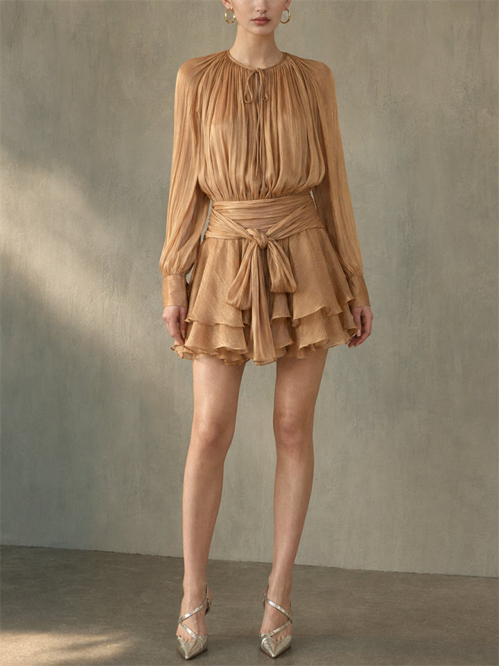 Women's Long Sleeve Pleated Chiffon Ruffle Tiered Mini Dress