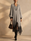 Women Fuzzy Knit Lace Trim V Neck Long Sleeve Midi Sweater Dress
